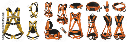 Cuadro en lienzo Set and collection of professional full-body safety harnesses and fall protectio