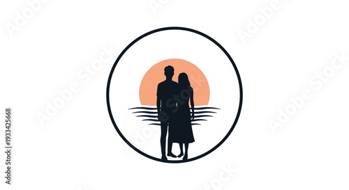 Silhouette of couple standing together in circular frame with sunset in minimalist style for love and relationship advertising