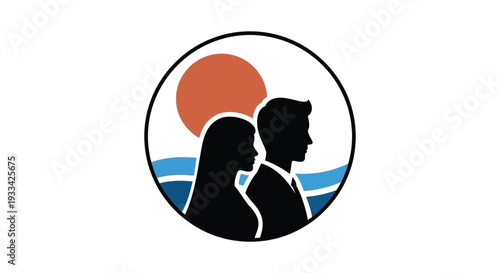 Silhouette of couple in love against sunset ocean view in circular frame for wedding invitation