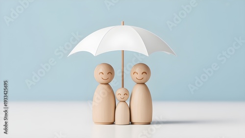 Happy family protected under umbrella symbolizing safety and security