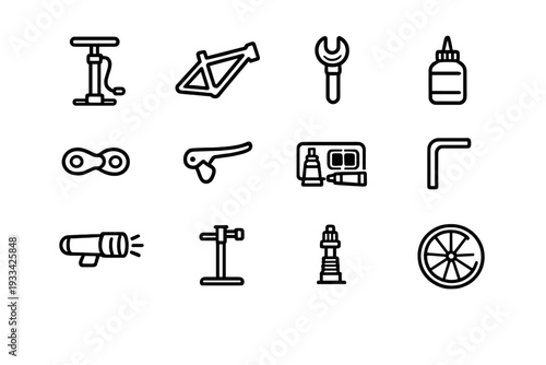 Bicycle repair tools and maintenance equipment icons including pump wrench chain and wheel parts for cycling service