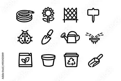 Collection of gardening and horticulture line icons featuring tools like watering can, trowel, hose, and flower pot on white background