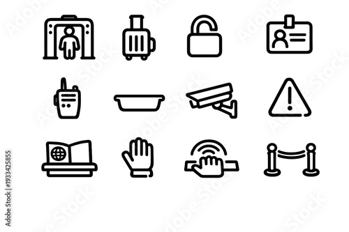 Airport security and travel safety line icon set featuring metal detector suitcase padlock id badge walkie talkie and surveillance camera