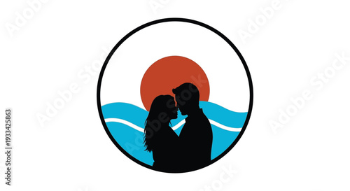 Couple silhouette logo in circular frame with sunset ocean background for wedding or travel branding