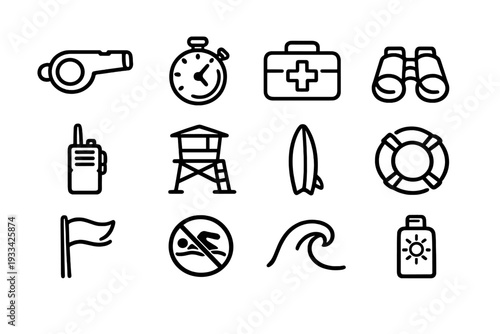 Lifeguard and beach safety line icon set with whistle stopwatch first aid kit binoculars walkie talkie tower surfboard and lifebuoy