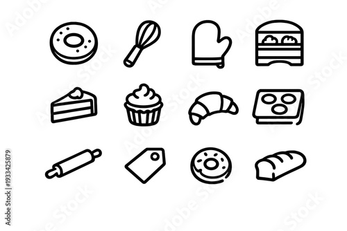 Collection of bakery and pastry icons featuring bread cake cupcake donut croissant whisk rolling pin and oven mitt on white background