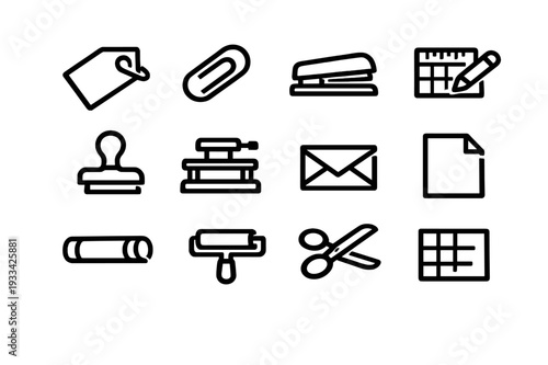 Collection of black line and stationery icons featuring stapler scissors paperclip envelope and calendar on white background