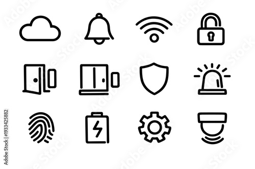 Set of smart home security and technology icons including cloud wifi lock shield alarm fingerprint battery and settings symbols