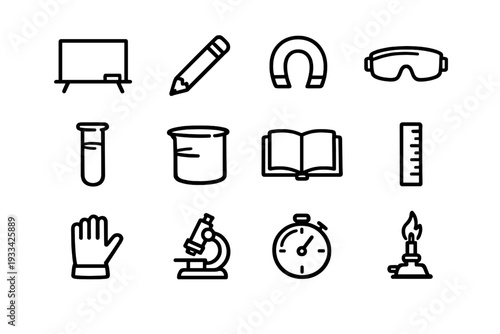 Science and education laboratory equipment icons set including microscope beaker test tube and school supplies on white background
