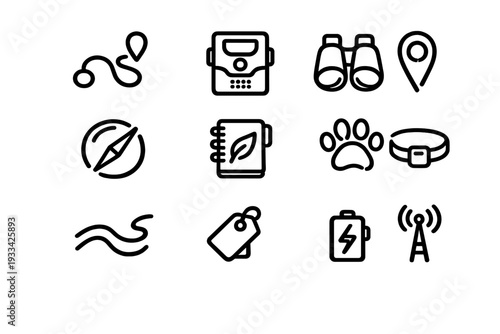 Outdoor adventure and wildlife tracking line icons including compass binoculars paw print and map pins for nature exploration