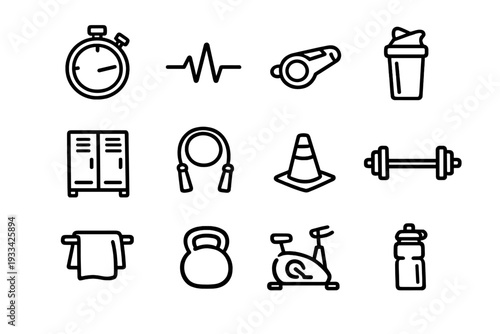 Fitness and gym equipment line icon set featuring barbell kettlebell stopwatch and exercise bike on white background