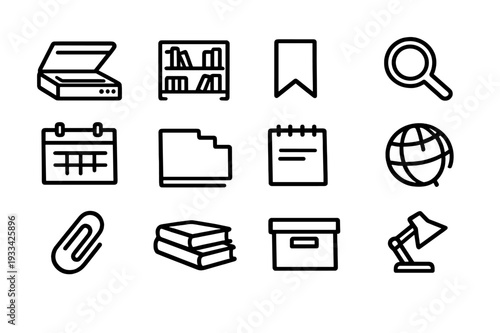 Minimalist black line and library icons including scanner bookshelf bookmark magnifying glass calendar folder notepad globe and lamp