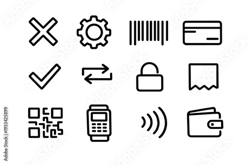 Minimalist black line icons for financial transactions and retail shopping including credit card wallet and qr code