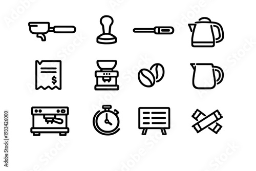 Set of coffee shop and barista equipment icons including espresso machine grinder beans and milk pitcher on white background
