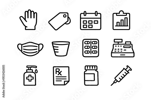 Pharmacy and healthcare line icon set including medical mask syringe medicine bottle prescription and hand sanitizer dispenser