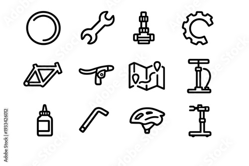 Set of bicycle repair and maintenance icons including tools helmet pump frame and navigation symbols for cycling service and shop