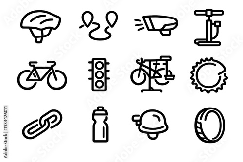 Set of minimalist bicycle equipment and cycling accessory icons including helmet pump bike and water bottle on white background