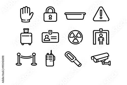 Security and airport checkpoint icons set including camera padlock metal detector suitcase and identification badge on white background