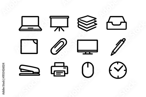 Collection of minimalist supply icons featuring computer hardware stationery and business equipment on white background
