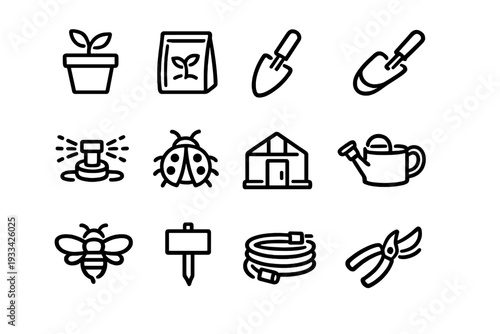 Gardening and farming line icon set featuring tools plants and insects for agriculture and horticulture design projects