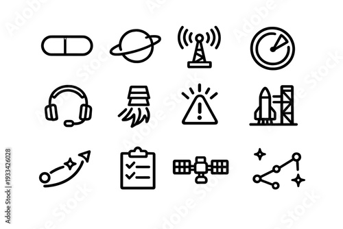 Space exploration and science technology line icon set featuring rocket satellite planet and communication symbols on white background