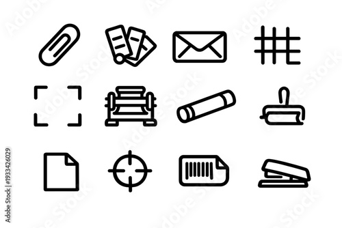 Set of and printing stationery icons including paperclip envelope stapler and barcode on white background