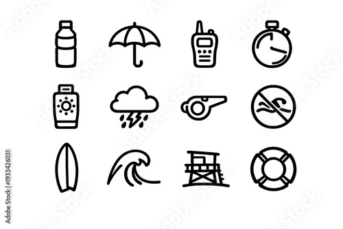 Set of beach safety and lifeguard equipment icons including surfboard lifebuoy tower whistle and sunscreen on white background