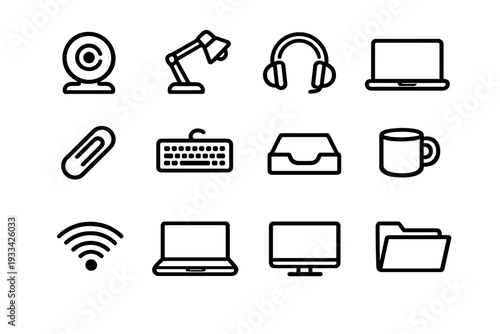 Collection of and workspace icons including laptop keyboard monitor webcam headset desk lamp and folder on white background