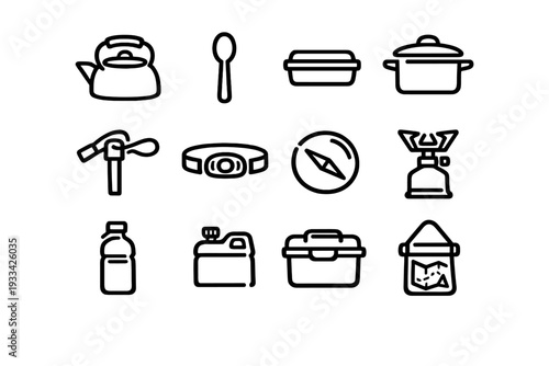 Collection of camping and outdoor survival equipment icons including kettle compass stove and headlamp for hiking adventures