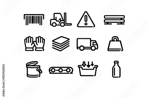 Logistics and warehouse icons set including forklift truck barcode warning sign and industrial equipment symbols on white background