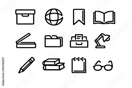 Set of minimalist and education line icons including books globe pencil folder and desk lamp on white background