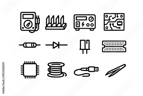 Collection of electronic engineering icons including multimeter microchip breadboard and circuit components on white background