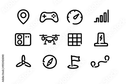 Minimalist black line icons for technology and navigation including drone game controller compass and location pin on white background