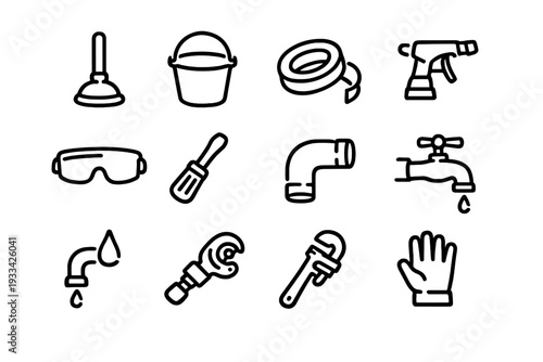 Plumbing and home repair tool icon set featuring wrench faucet pipe plunger and safety equipment on white background