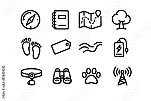 Outdoor adventure and camping equipment line icons featuring compass map binoculars tree and nature exploration symbols