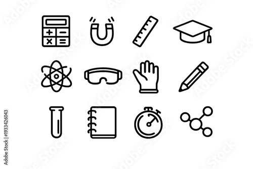 Science and education line icons including calculator magnet ruler graduation cap atom goggles glove pencil test tube notebook and stopwatch