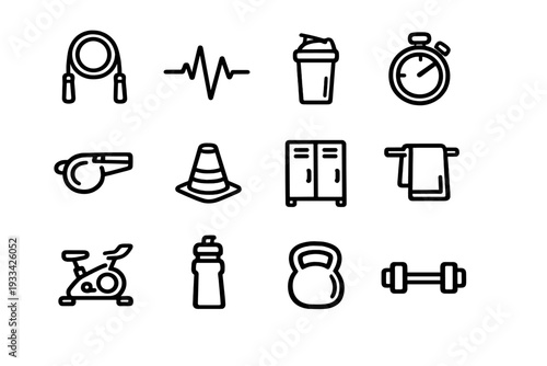 Fitness and gym equipment line icons set including kettlebell dumbbell stopwatch and stationary bike for workout and sports training