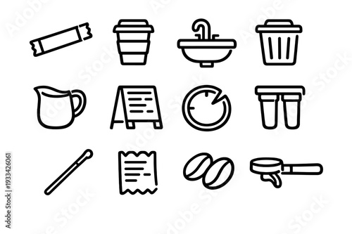 Minimalist coffee shop and cafe icons set including cup beans pitcher and menu board on white background