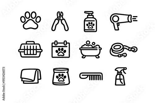 Pet grooming and care line icons featuring paw print nail clippers shampoo hair dryer carrier bathtub leash towel food bag comb and spray