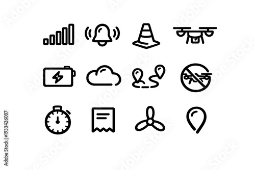 Set of black line symbols for drone flight control and navigation including signal strength battery level and location pins