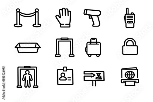 Airport security and travel safety line icon set featuring metal detector scanner passport control and luggage inspection equipment