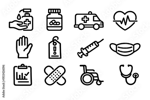 Medical and healthcare line icon set featuring ambulance stethoscope syringe face mask and pill bottle on white background