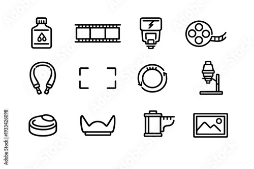 Photography and analog film equipment icon set featuring film strip reel flash lens hood and darkroom tools on white background