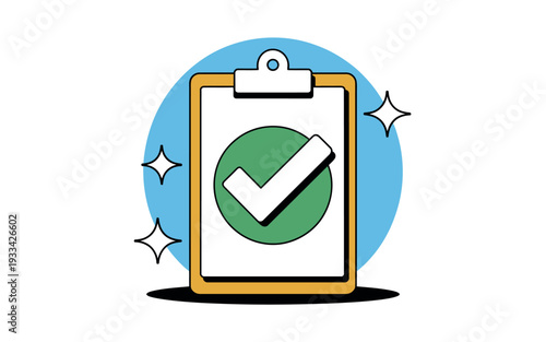 A clipboard with a green checkmark on a blue background, symbolizing approval and confirmation.