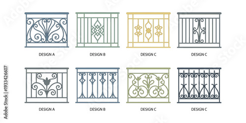 Set of eight decorative railing designs, showing different patterns for home improvement, architectural elements, and safety barriers