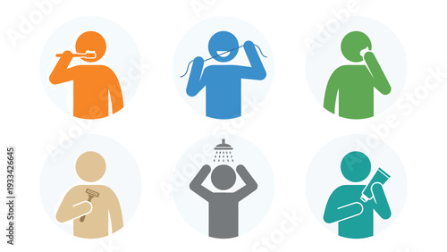 Daily Personal Hygiene Routine Icons Set: Brushing, Flossing, Showering, Shaving, Washing, Moisturizing