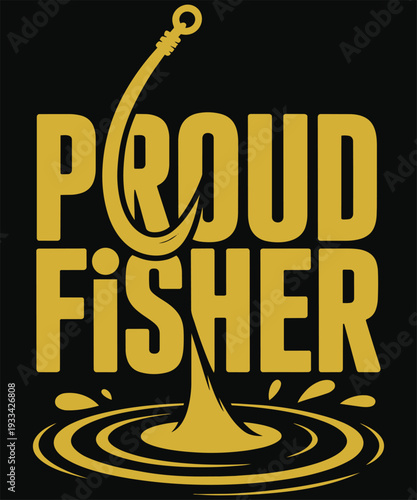 Proud fisher with fishing hook and water ripples on black background flat design illustration