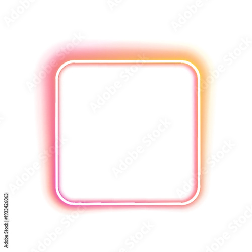 PNG square neon frame with glowing pink and yellow edges. Smooth gradient highlights create depth. Modern abstract design for banners.
