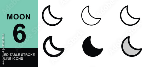 Collection of editable stroke line icons representing the moon in various phases and styles, perfect for graphic design and web projects