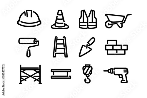 Construction icons set with hard hat traffic cone safety vest wheelbarrow paint roller ladder trowel bricks scaffolding and power drill